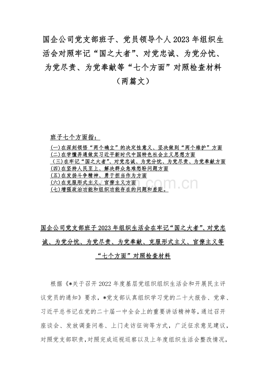 国企公司党支部班子、党员领导个人2023年组织生活会对照牢记“国之大者”、对党忠诚、为党分忧、为党尽责、为党奉献等“七个方面”对照检查材料（两篇文）.docx_第1页