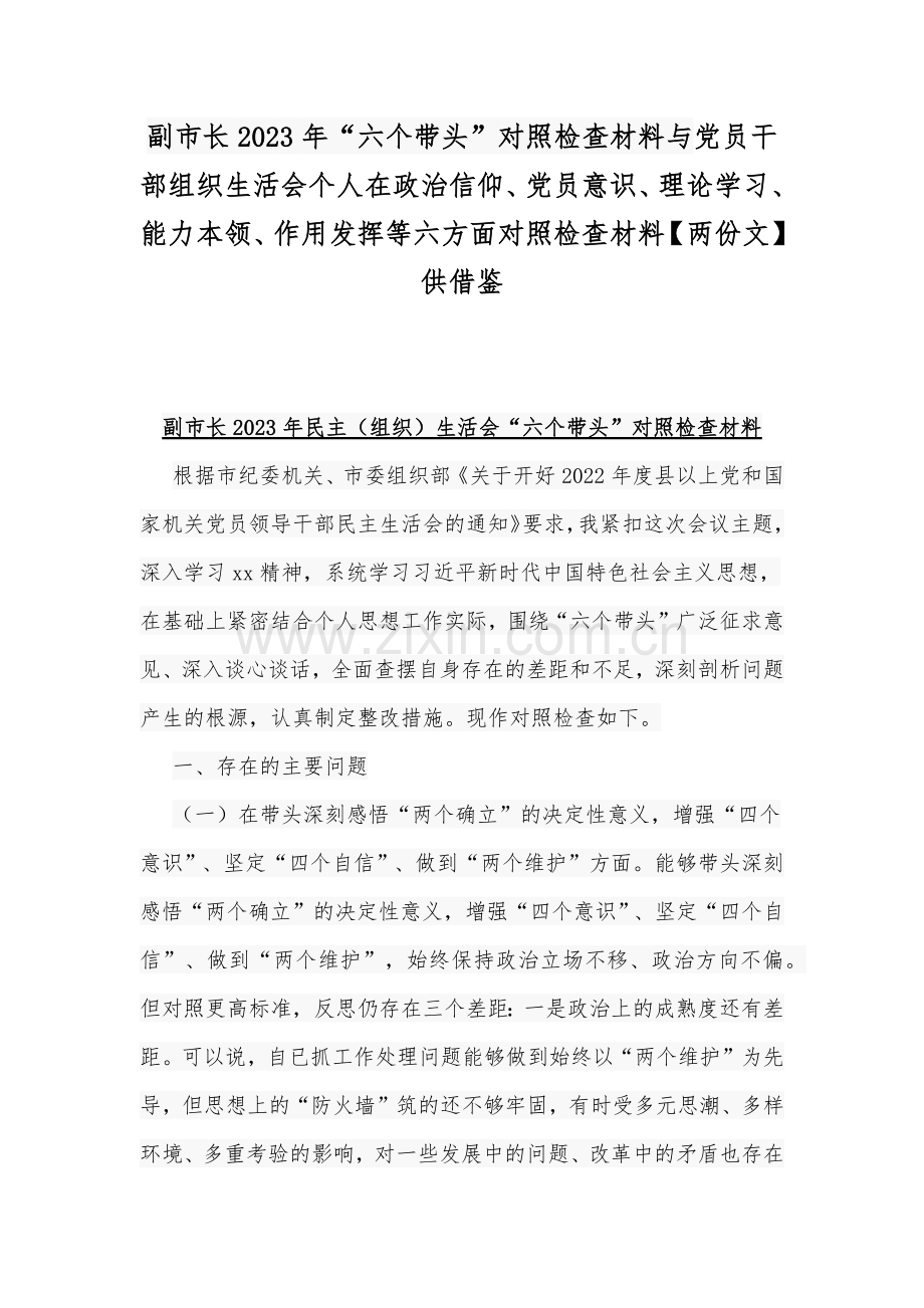 副市长2023年“六个带头”对照检查材料与党员干部组织生活会个人在政治信仰、党员意识、理论学习、能力本领、作用发挥等六方面对照检查材料【两份文】供借鉴.docx_第1页