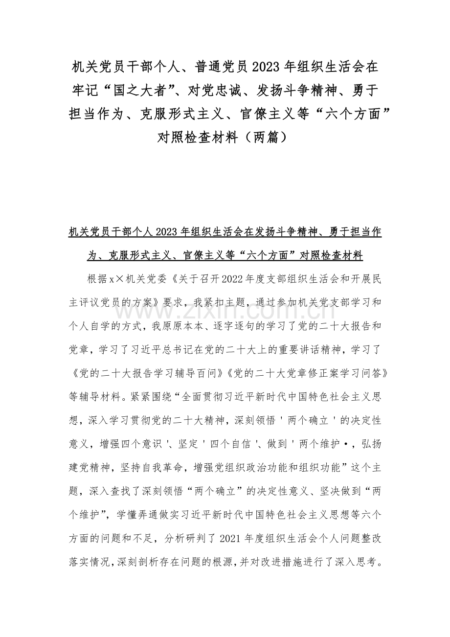 机关党员干部个人、普通党员2023年组织生活会在牢记“国之大者”、对党忠诚、发扬斗争精神、勇于担当作为、克服形式主义、官僚主义等“六个方面”对照检查材料（两篇）.docx_第1页