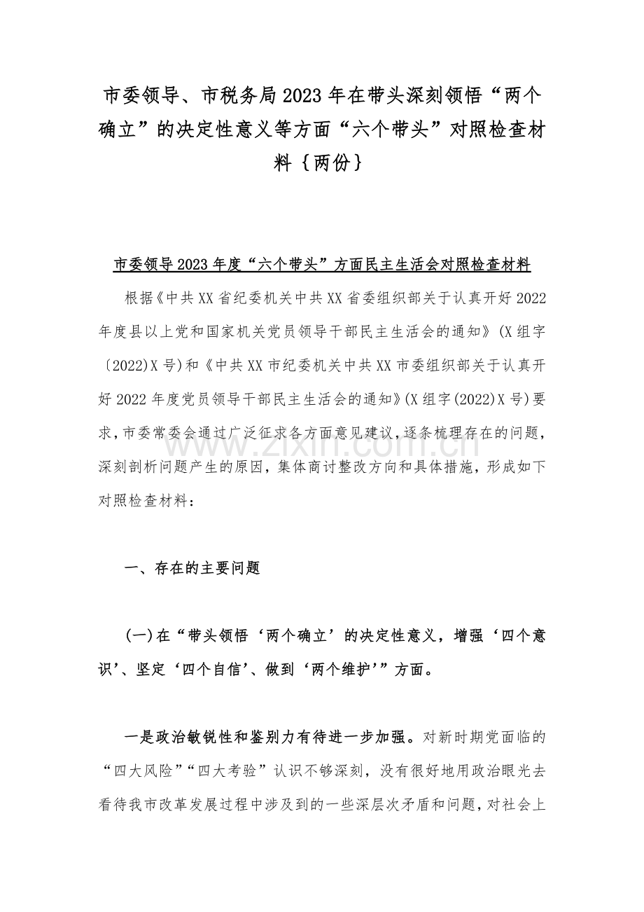 市委领导、市税务局2023年在带头深刻领悟“两个确立”的决定性意义等方面“六个带头”对照检查材料｛两份｝.docx_第1页