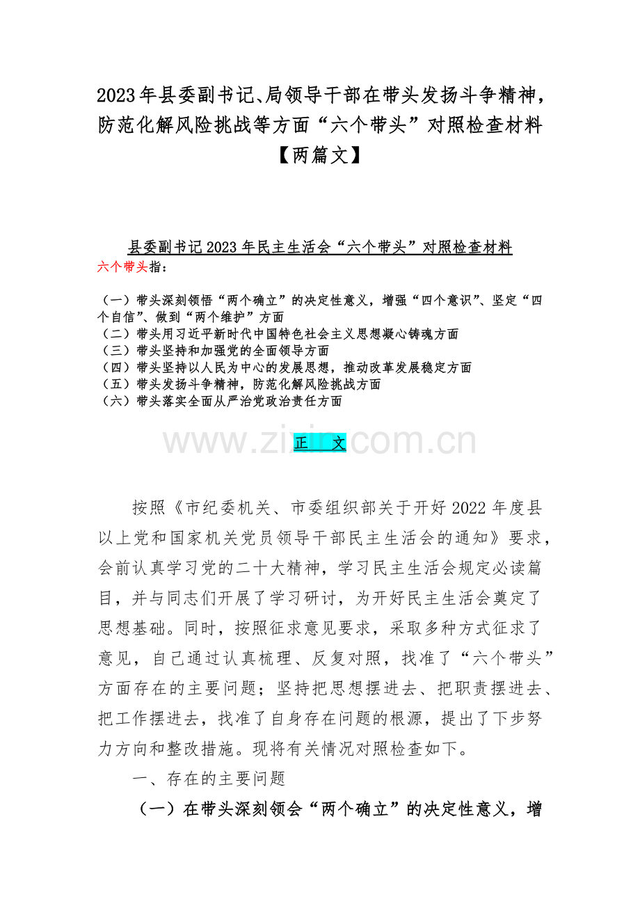 2023年县委副书记、局领导干部在带头发扬斗争精神防范化解风险挑战等方面“六个带头”对照检查材料【两篇文】.docx_第1页