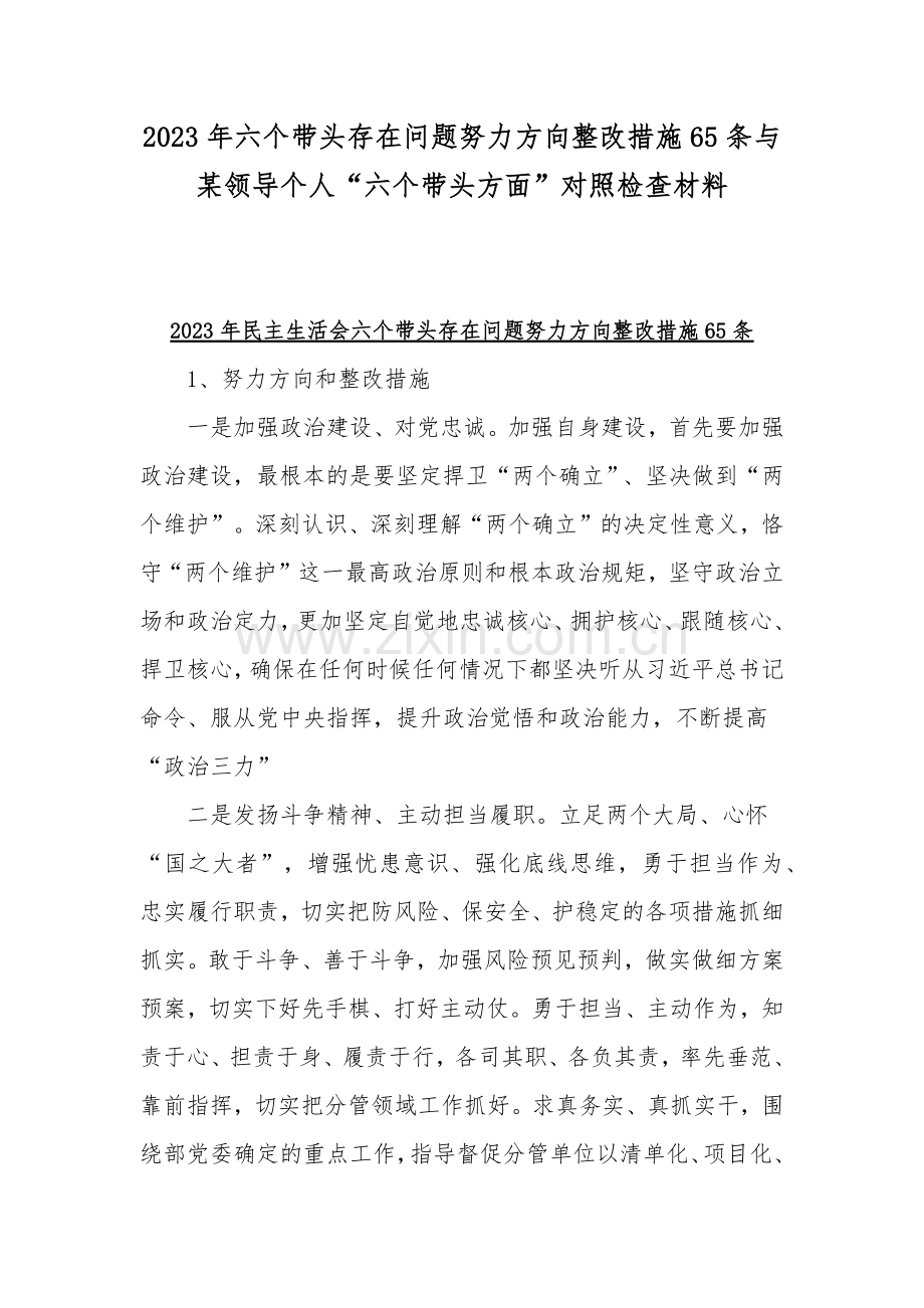 2023年六个带头存在问题努力方向整改措施65条与某领导个人“六个带头方面”对照检查材料.docx_第1页