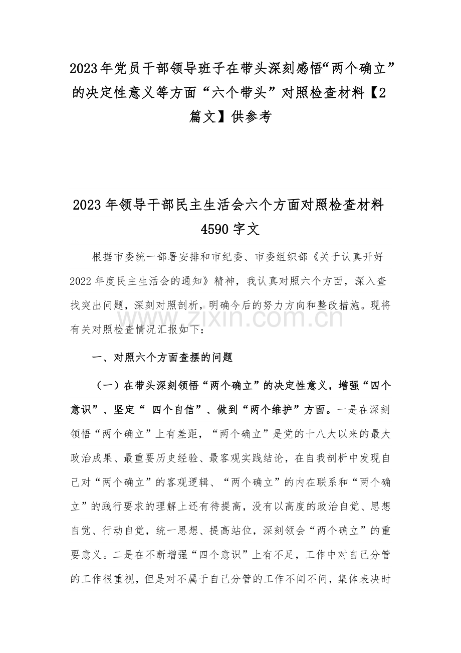 2023年党员干部领导班子在带头深刻感悟“两个确立”的决定性意义等方面“六个带头”对照检查材料【2篇文】供参考.docx_第1页