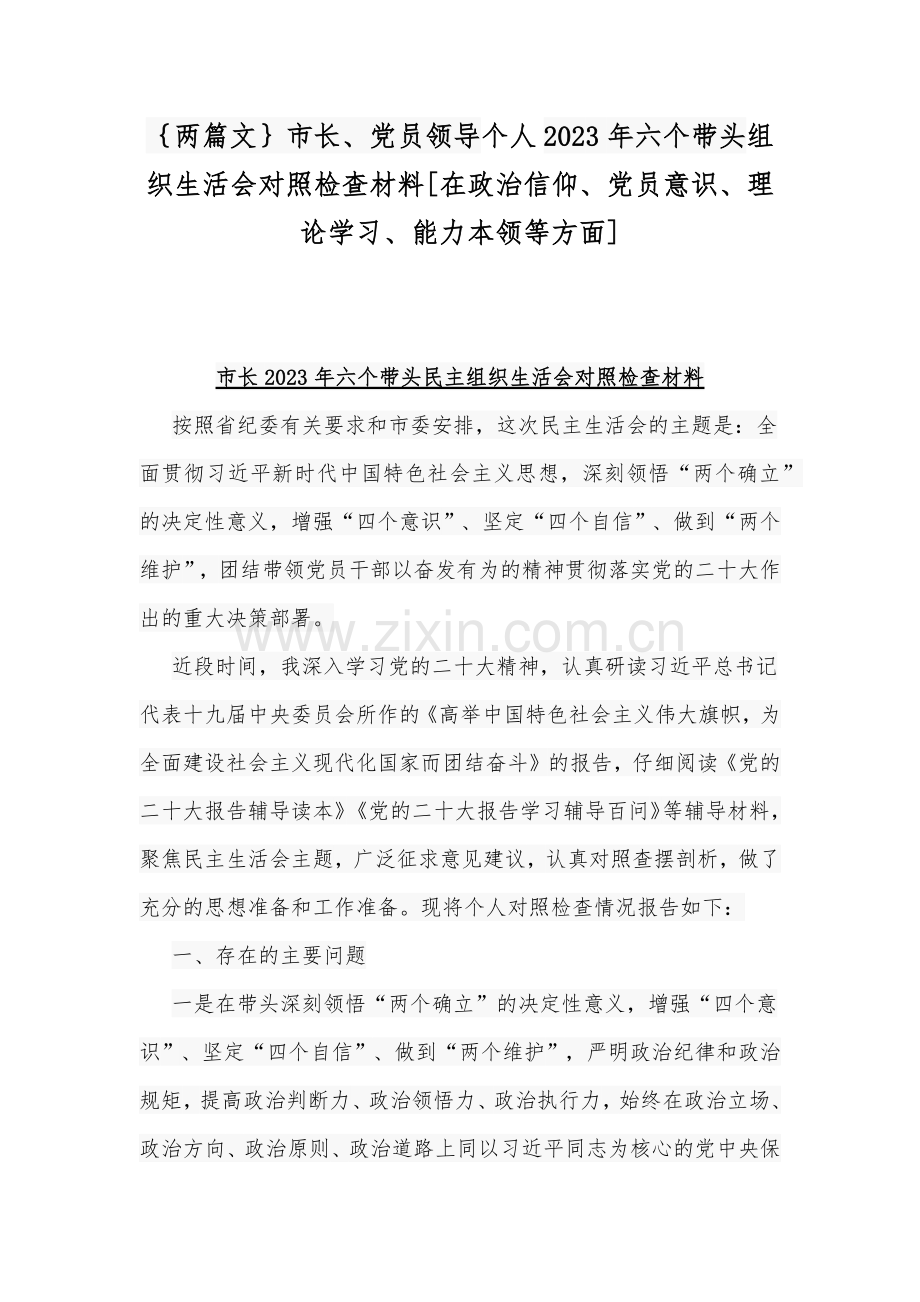 ｛两篇文｝市长、党员领导个人2023年六个带头组织生活会对照检查材料[在政治信仰、党员意识、理论学习、能力本领等方面].docx_第1页