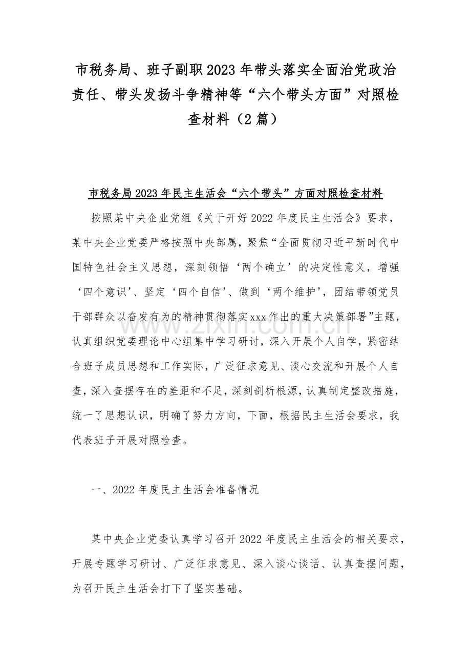 市税务局、班子副职2023年带头落实全面治党政治责任、带头发扬斗争精神等“六个带头方面”对照检查材料（2篇）.docx_第1页