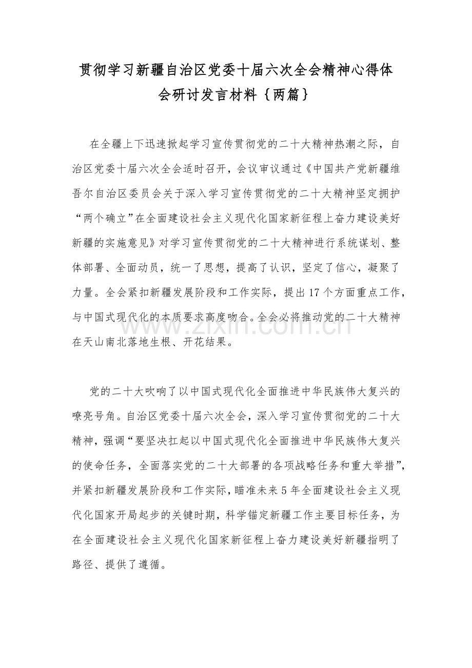 贯彻学习新疆自治区党委十届六次全会精神心得体会研讨发言材料｛两篇｝.docx_第1页