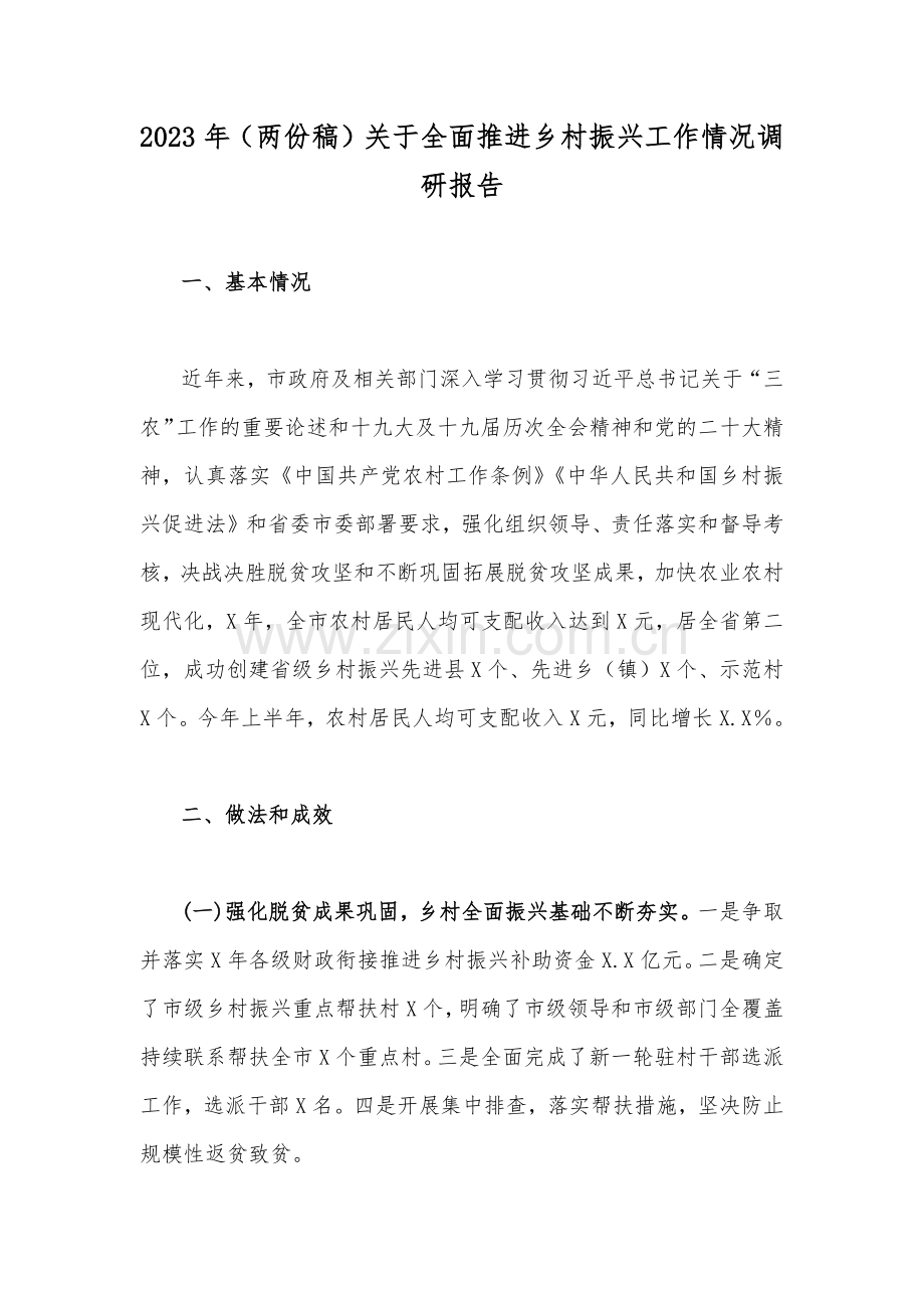 2023年（两份稿）关于全面推进乡村振兴工作情况调研报告.docx_第1页