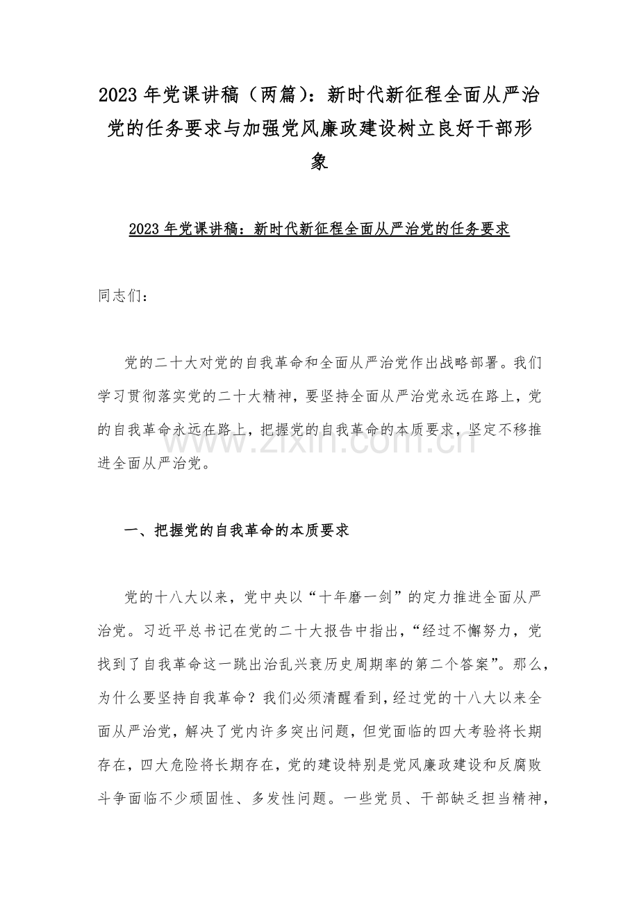 2023年党课讲稿（两篇）：新时代新征程全面从严治党的任务要求与加强党风廉政建设树立良好干部形象.docx_第1页