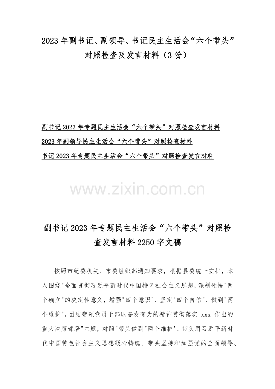 2023年副书记、副领导、书记民主生活会“六个带头”对照检查及发言材料（3份）.docx_第1页