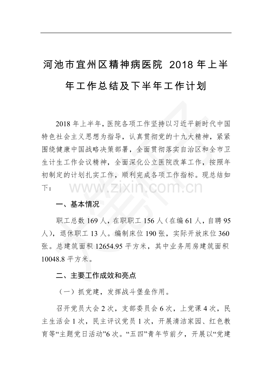 河池市宜州区精神病医院2018年上半年工作总结及下半年工作计划.docx_第1页