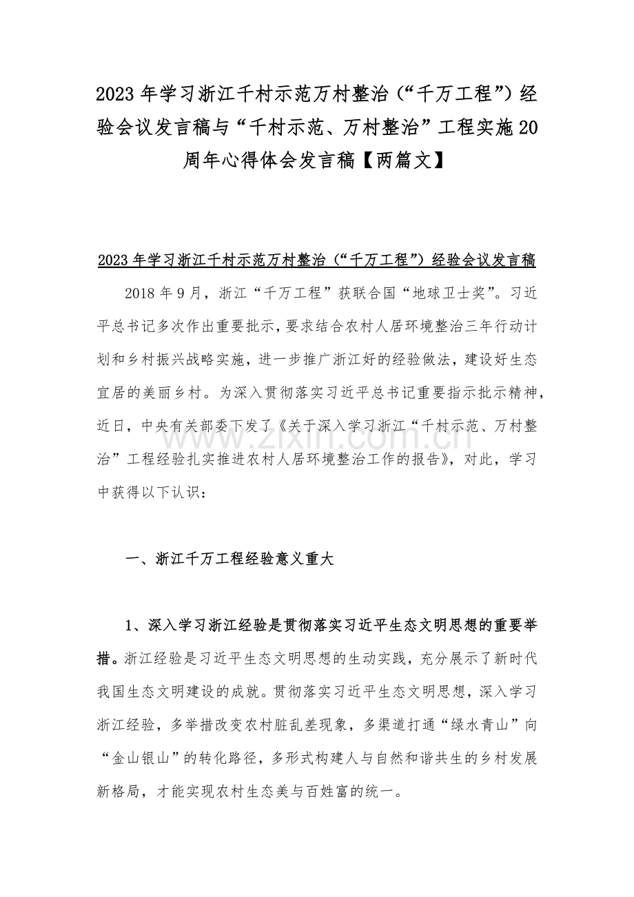 2023年学习浙江千村示范万村整治（“千万工程”）经验会议发言稿与“千村示范、万村整治”工程实施20周年心得体会发言稿【两篇文】.docx_第1页