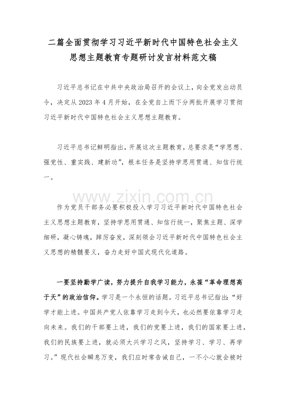 二篇全面贯彻学习习近平新时代中国特色社会主义思想主题教育专题研讨发言材料范文稿.docx_第1页