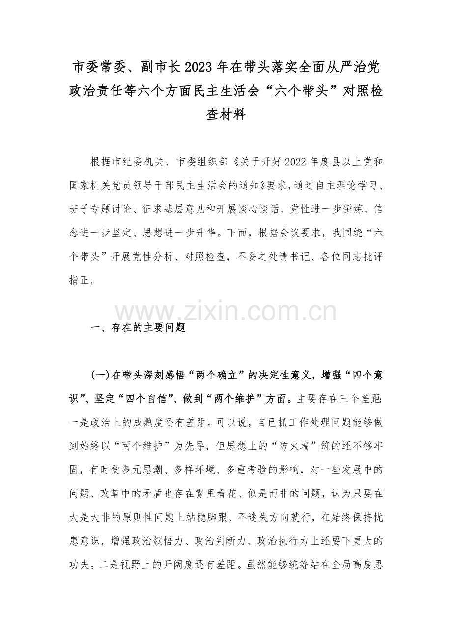 市委常委、副市长2023年在带头落实全面从严治党政治责任等六个方面民主生活会“六个带头”对照检查材料.docx_第1页