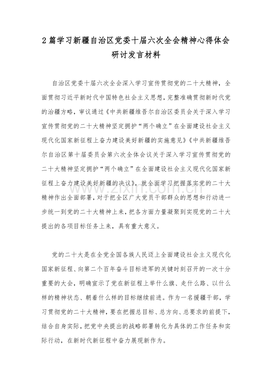 2篇学习新疆自治区党委十届六次全会精神心得体会研讨发言材料.docx_第1页