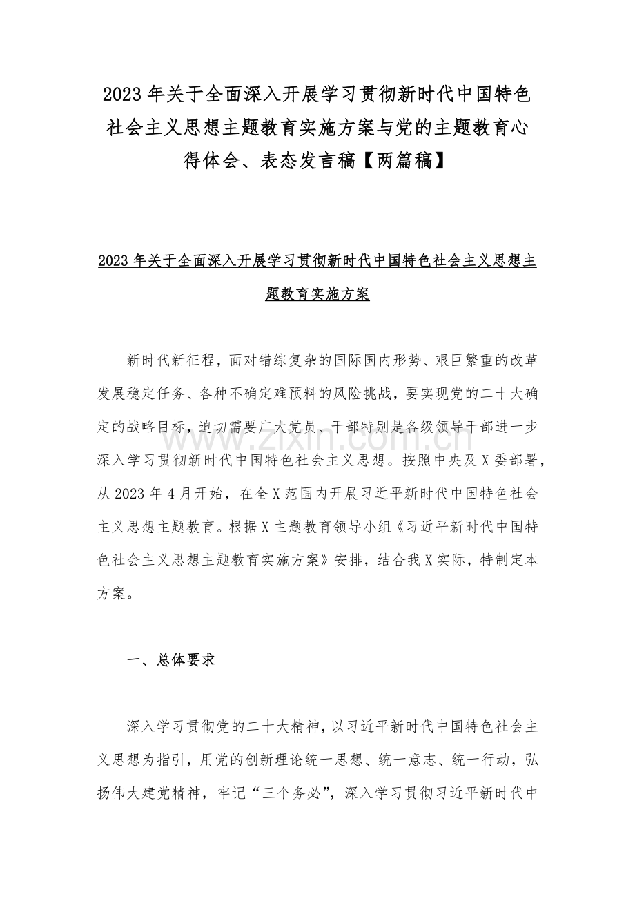 2023年关于全面深入开展学习贯彻新时代中国特色社会主义思想主题教育实施方案与党的主题教育心得体会、表态发言稿【两篇稿】.docx_第1页