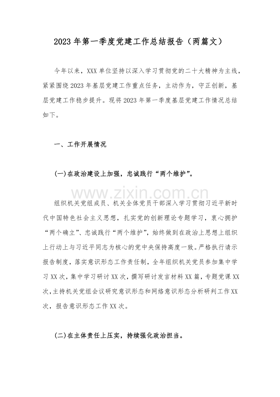 2023年第一季度党建工作总结报告（两篇文）.docx_第1页