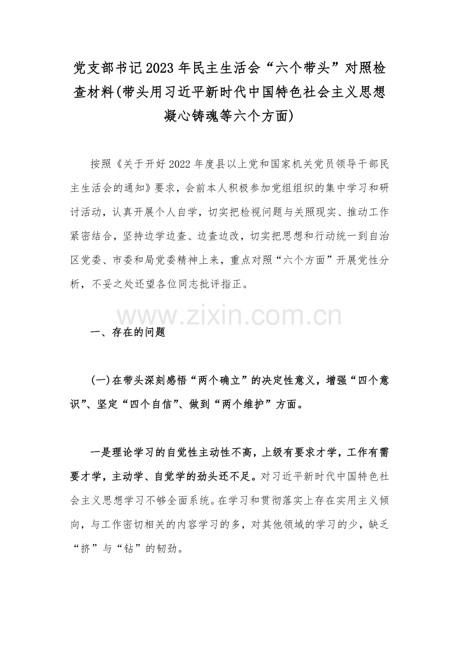 党支部书记2023年民主生活会“六个带头”对照检查材料(带头用习近平新时代中国特色社会主义思想凝心铸魂等六个方面).docx_第1页