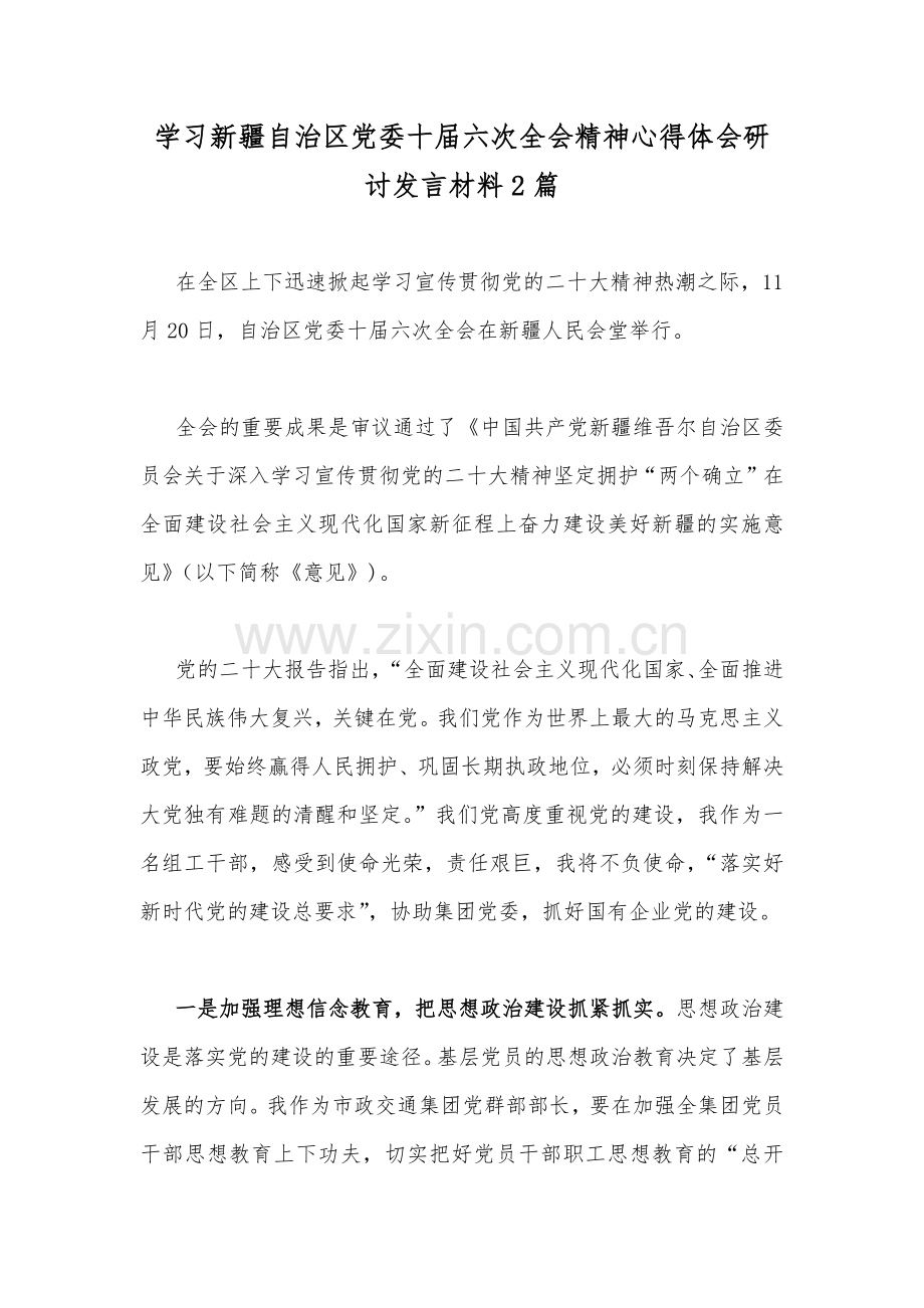 学习新疆自治区党委十届六次全会精神心得体会研讨发言材料2篇.docx_第1页