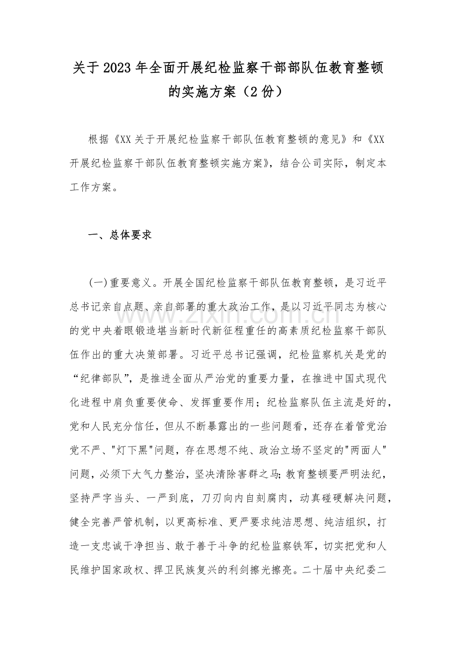 关于2023年全面开展纪检监察干部部队伍教育整顿的实施方案（2份）.docx_第1页