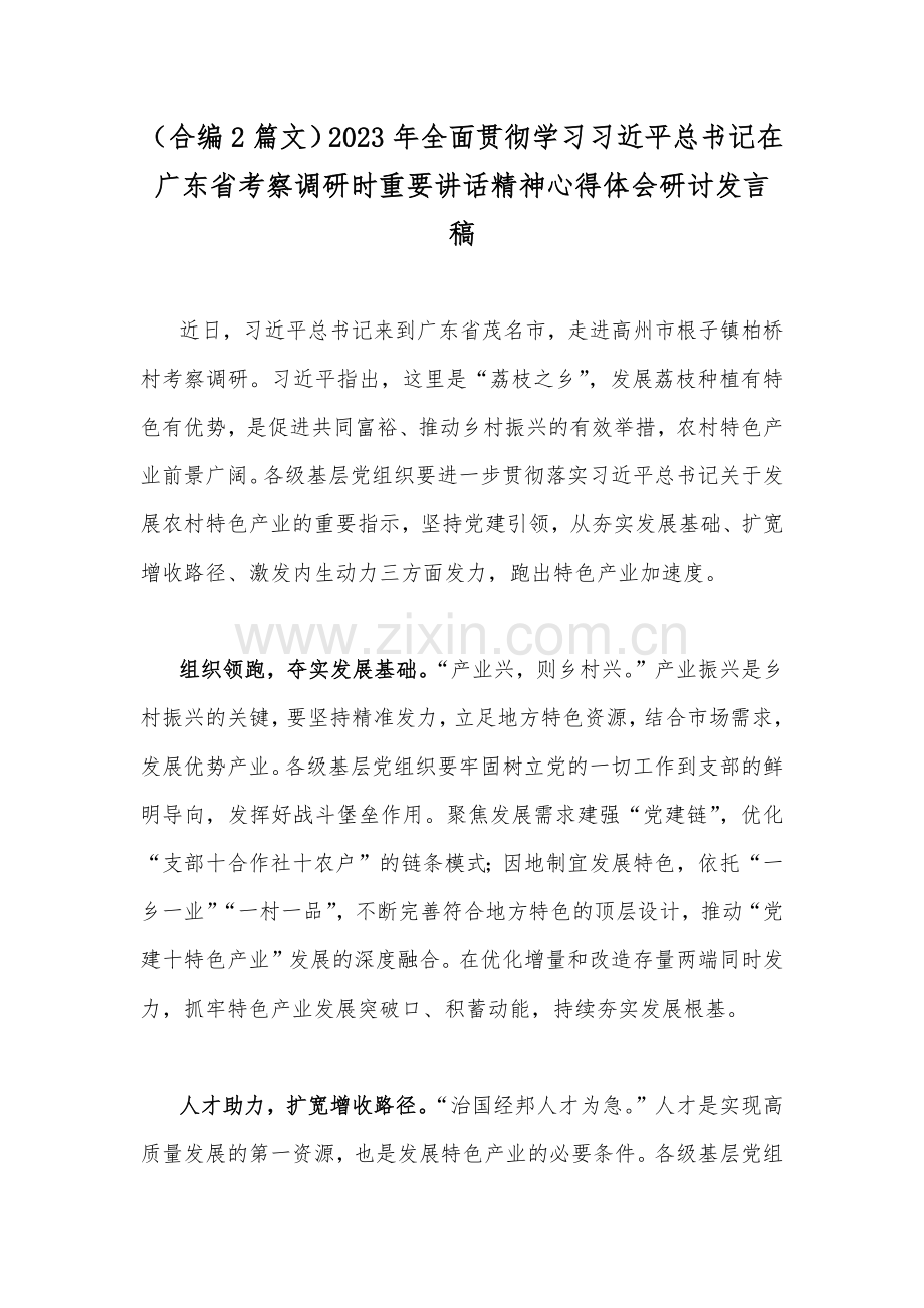 （合编2篇文）2023年全面贯彻学习习近平总书记在广东省考察调研时重要讲话精神心得体会研讨发言稿.docx_第1页