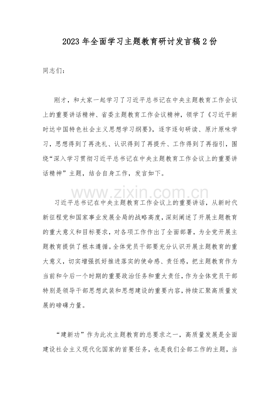 2023年全面学习主题教育研讨发言稿2份.docx_第1页