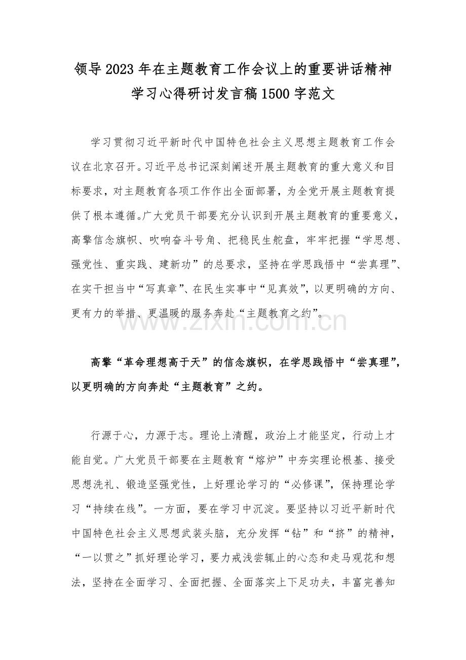 领导2023年在主题教育工作会议上的重要讲话精神学习心得研讨发言稿1500字范文.docx_第1页