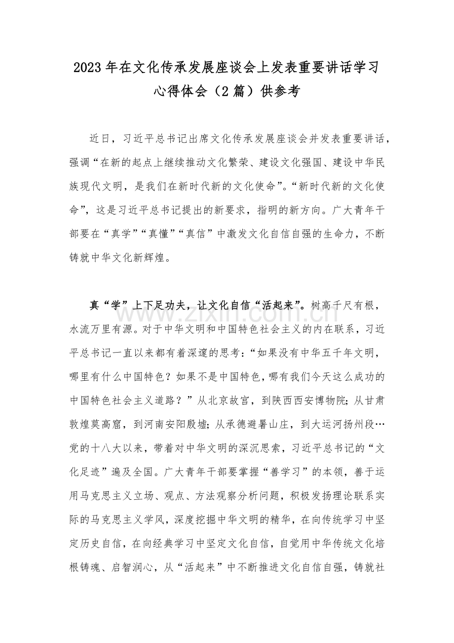 2023年在文化传承发展座谈会上发表重要讲话学习心得体会（2篇）供参考.docx_第1页