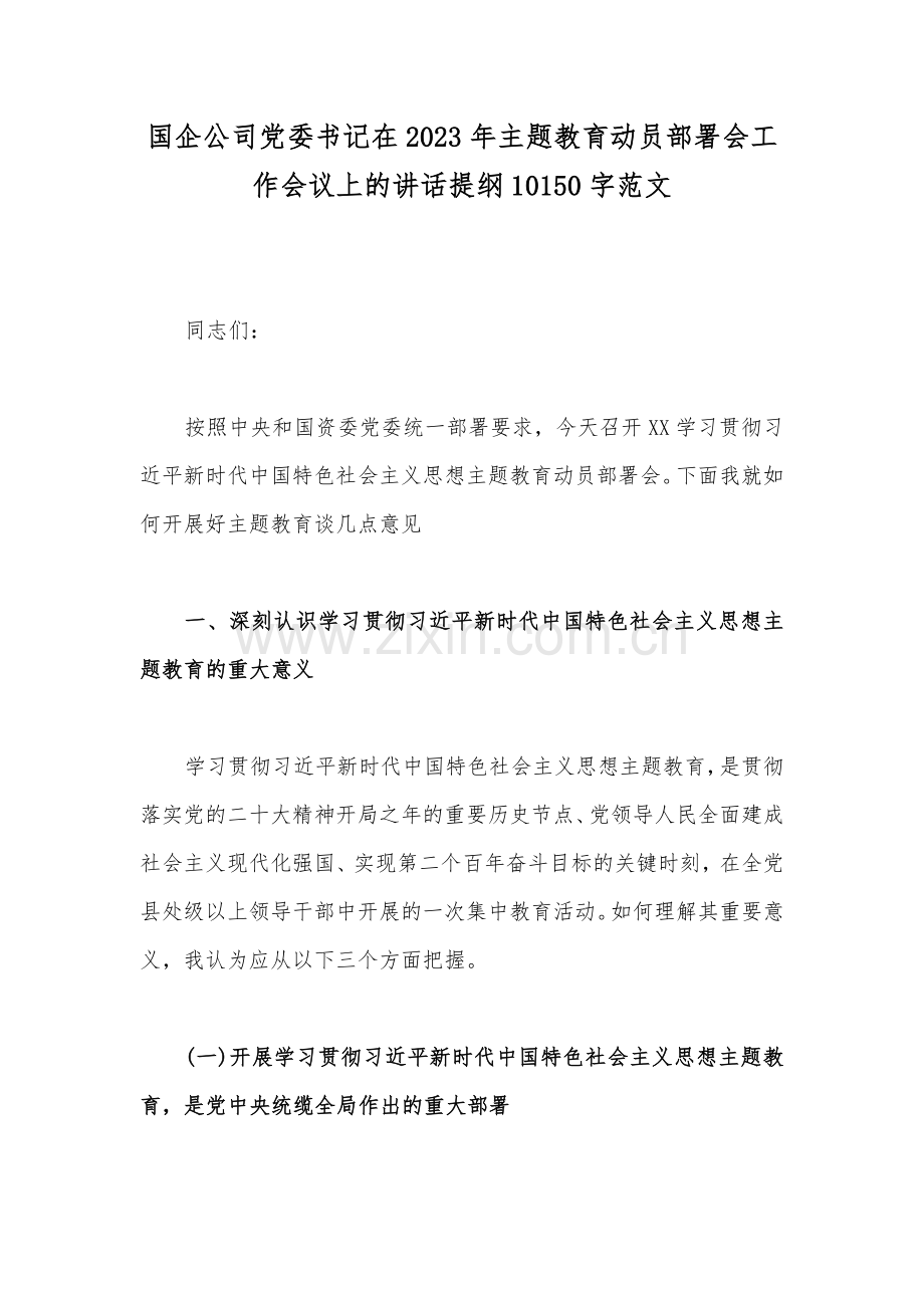 国企公司党委书记在2023年主题教育动员部署会工作会议上的讲话提纲10150字范文.docx_第1页