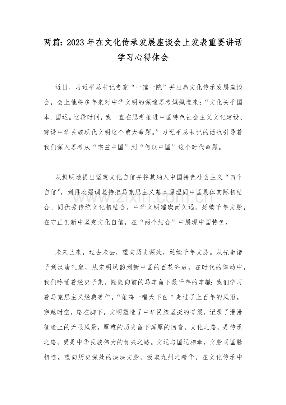 两篇：2023年在文化传承发展座谈会上发表重要讲话学习心得体会.docx_第1页