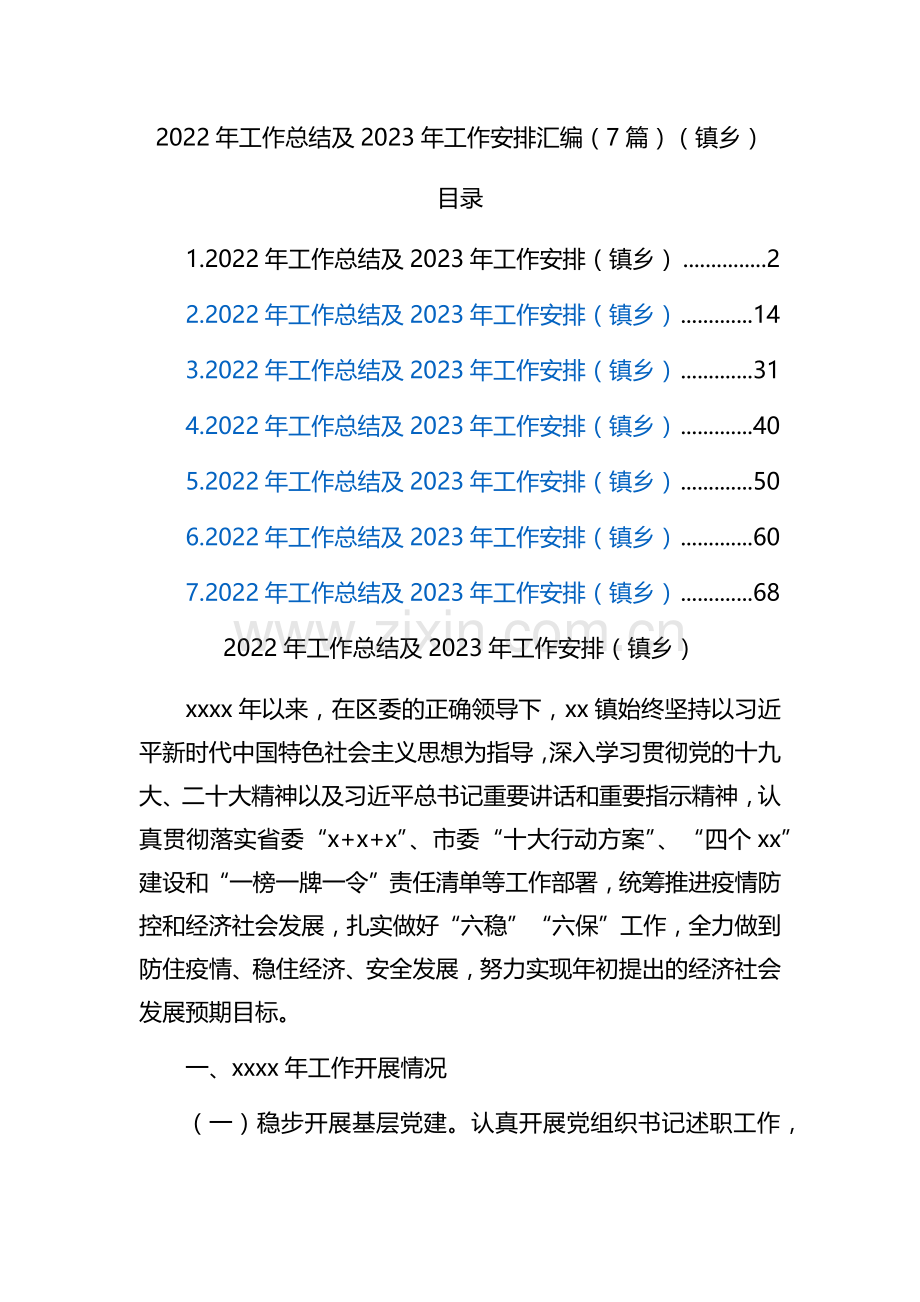 2022年工作总结及2023年工作安排汇编（7篇）（镇乡）.docx_第1页