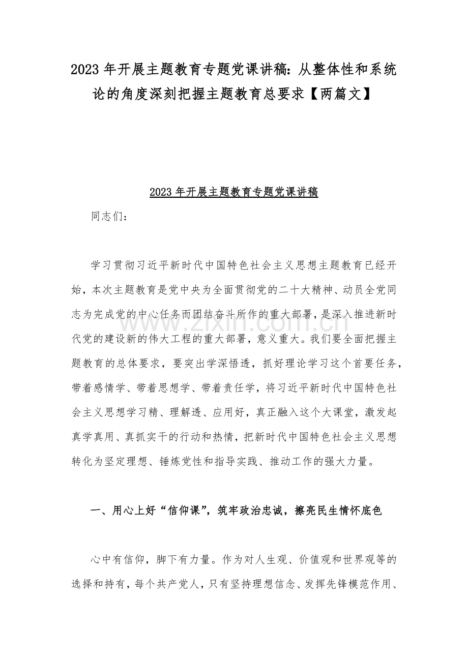 2023年开展主题教育专题党课讲稿：从整体性和系统论的角度深刻把握主题教育总要求【两篇文】.docx_第1页