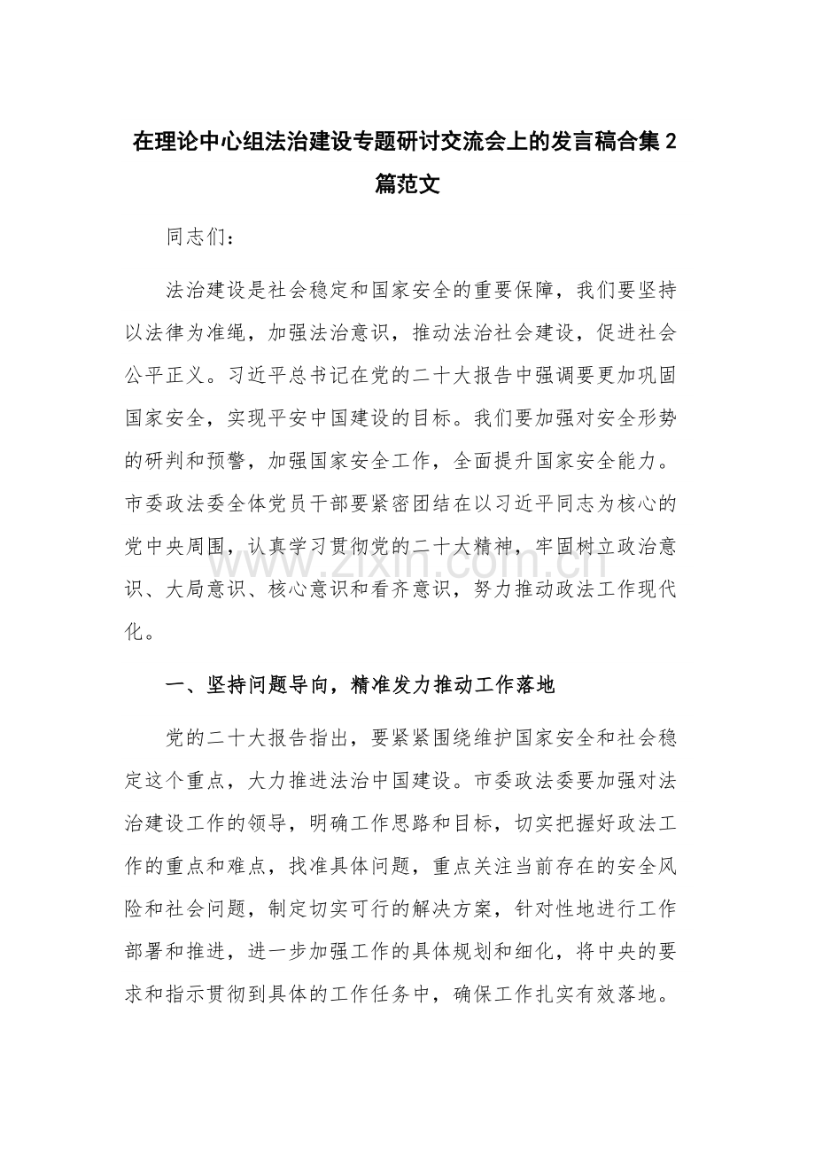 在理论中心组法治建设专题研讨交流会上的发言稿合集2篇范文.docx_第1页