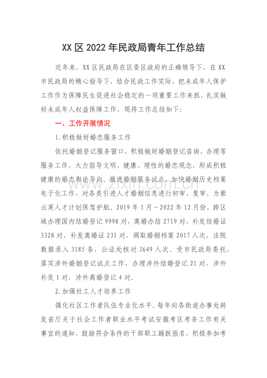 XX区2022年民政局青年工作总结.docx_第1页