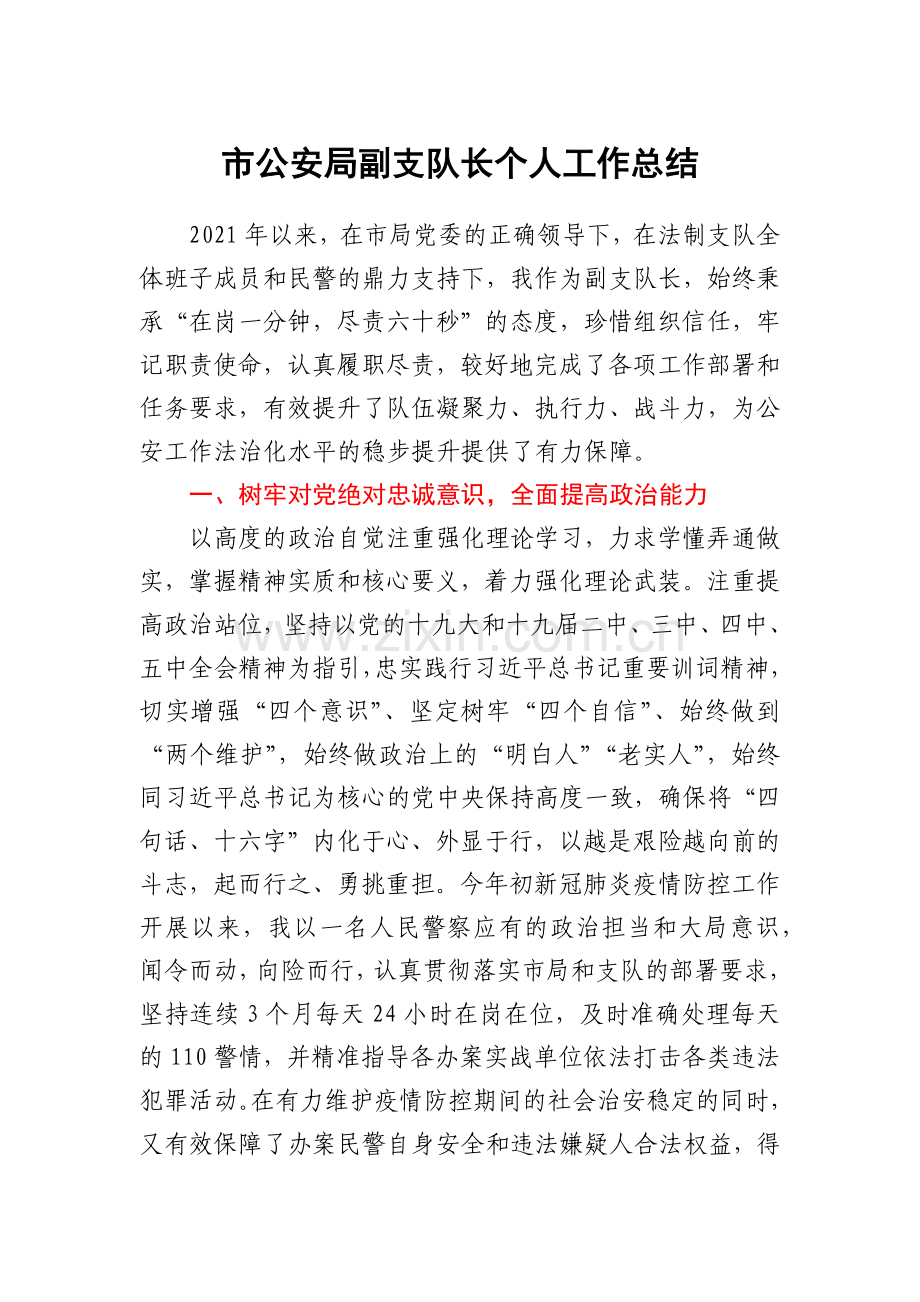 市公安局副支队长个人工作总结.docx_第1页