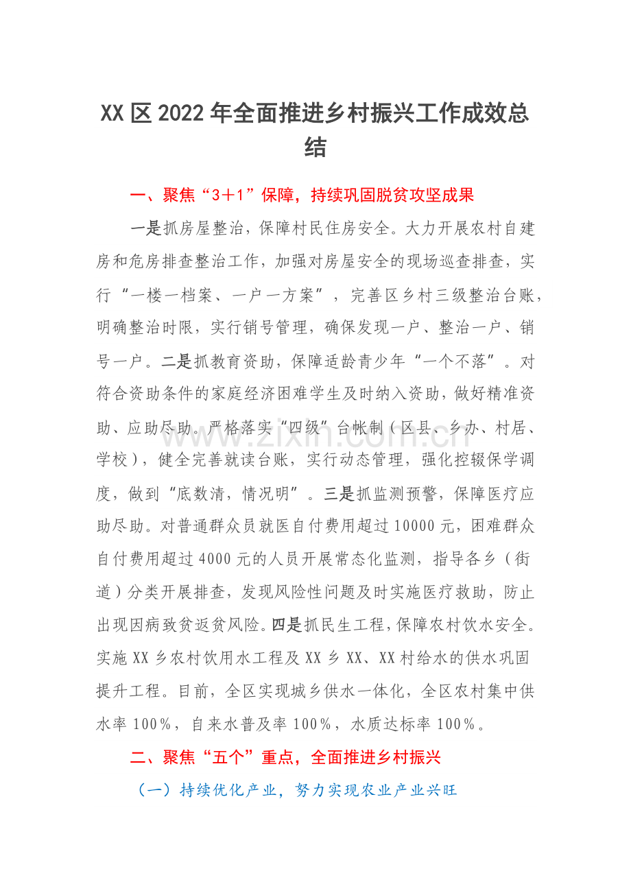 XX区2022年全面推进乡村振兴工作成效总结.docx_第1页