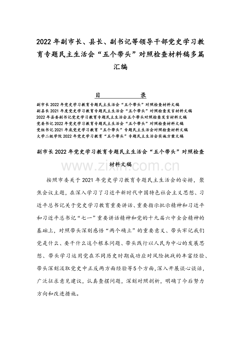 2022年副市长、县长、副书记等领导干部党史学习教育专题民主生活会“五个带头”对照检查材料稿多篇汇编.docx_第1页