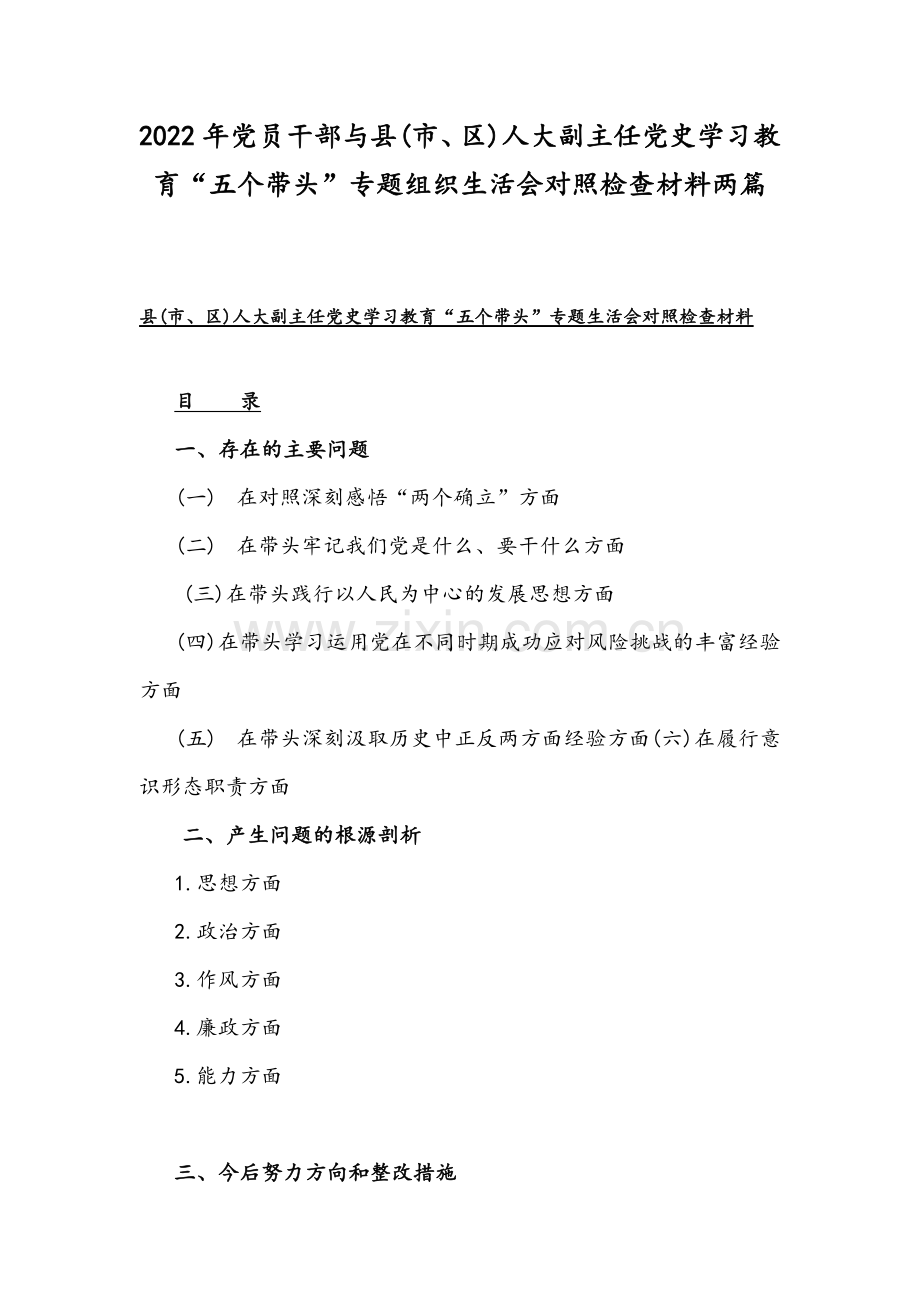 2022年党员干部与县(市、区)人大副主任党史学习教育“五个带头”专题组织生活会对照检查材料两篇.docx_第1页