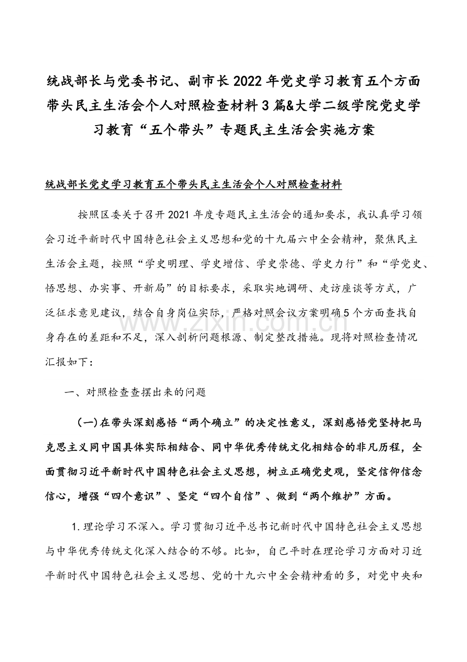 统战部长与党委书记、副市长2022年党史学习教育五个方面带头组织生活会个人对照检查材料3篇&大学二级学院党史学习教育“五个带头”专题组织生活会实施方案.docx_第1页