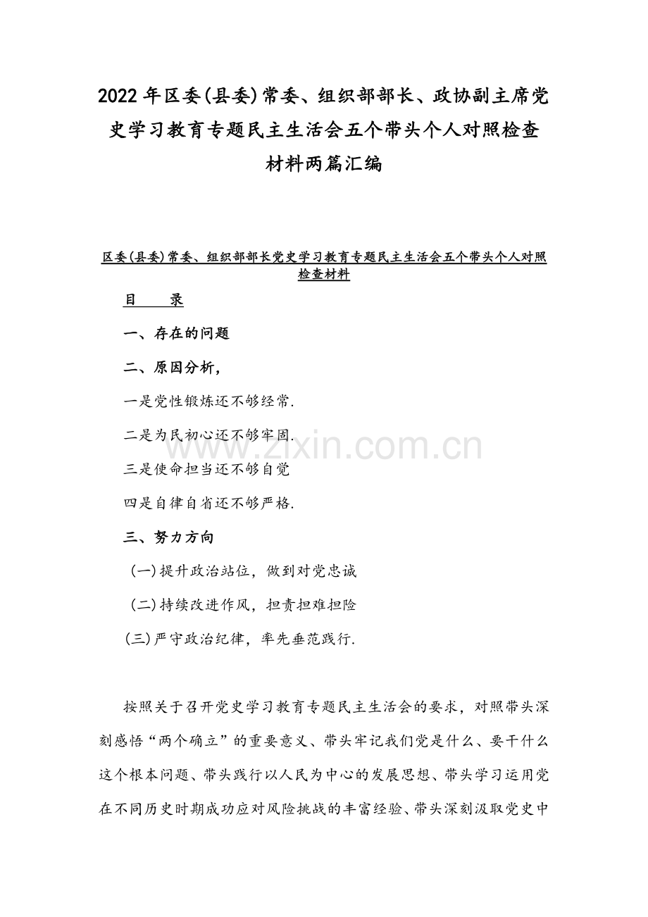 2022年区委(县委)常委、组织部部长、政协副主席党史学习教育专题民主生活会五个带头个人对照检查材料两篇汇编.docx_第1页