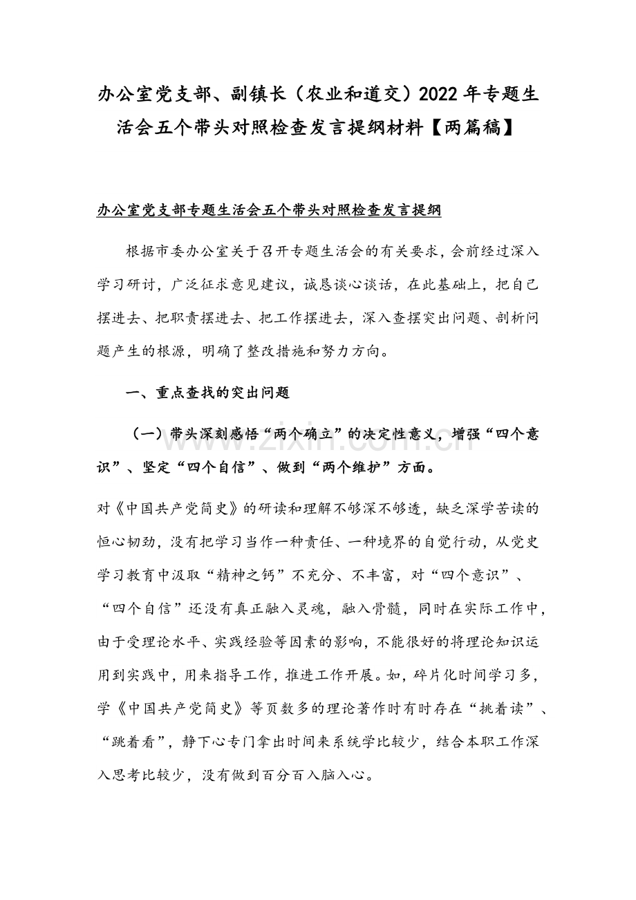 办公室党支部、副镇长（农业和道交）2022年专题组织生活会五个带头对照检查发言提纲材料【两篇稿】.docx_第1页