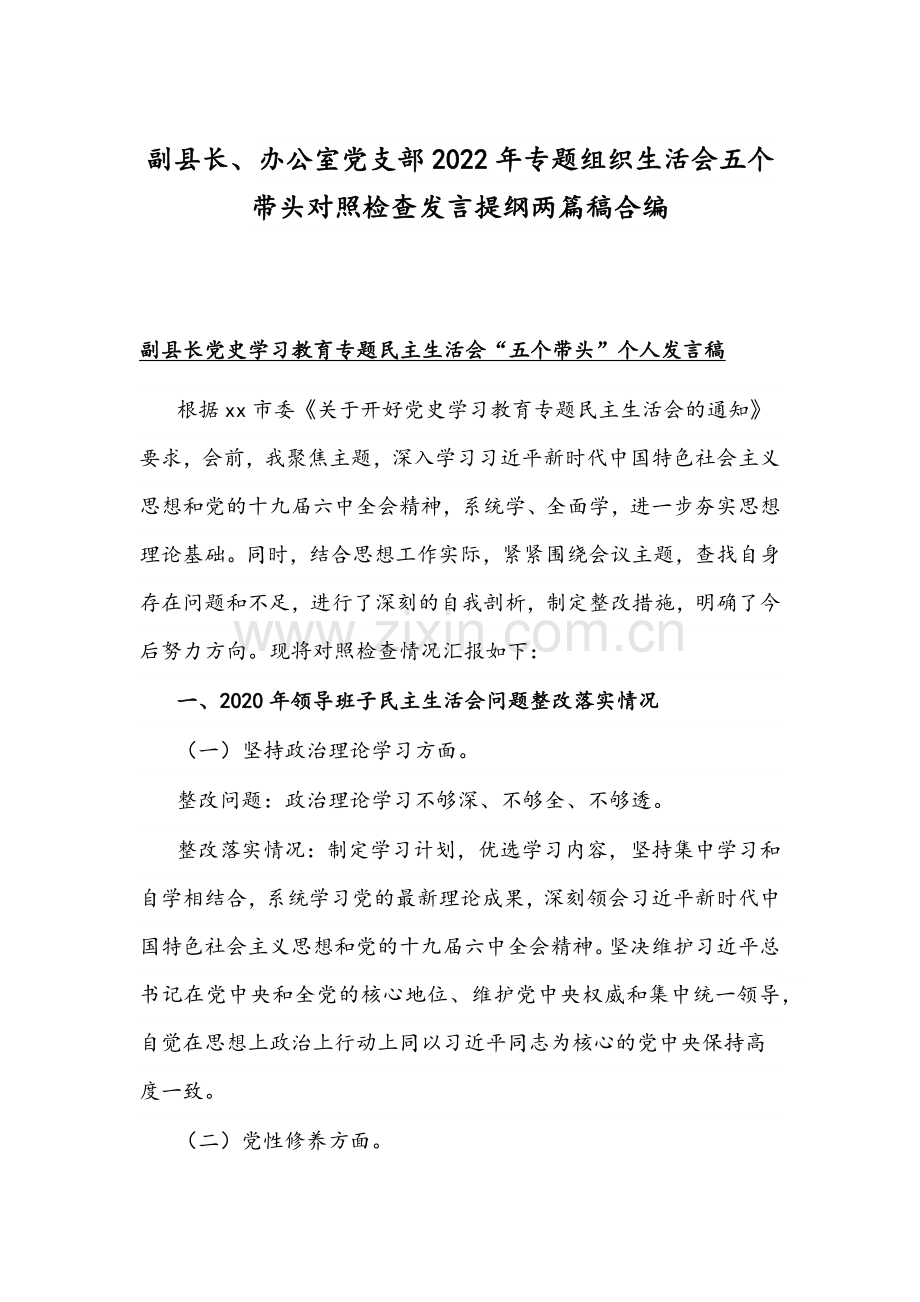 副县长、办公室党支部2022年专题组织生活会五个带头对照检查发言提纲两篇稿合编.docx_第1页