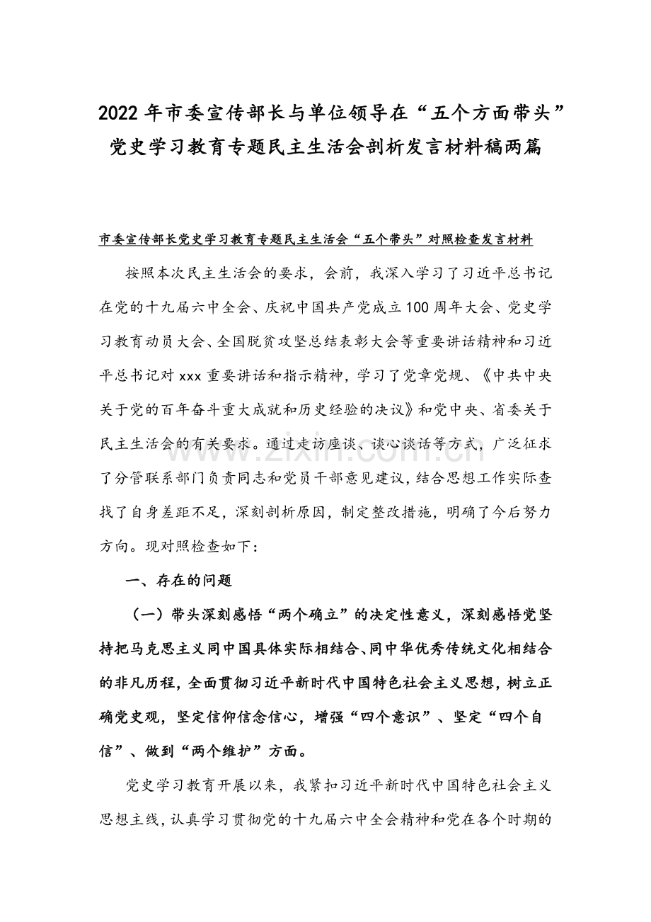 2022年市委宣传部长与单位领导在“五个方面带头”党史学习教育专题民主生活会剖析发言材料稿两篇.docx_第1页