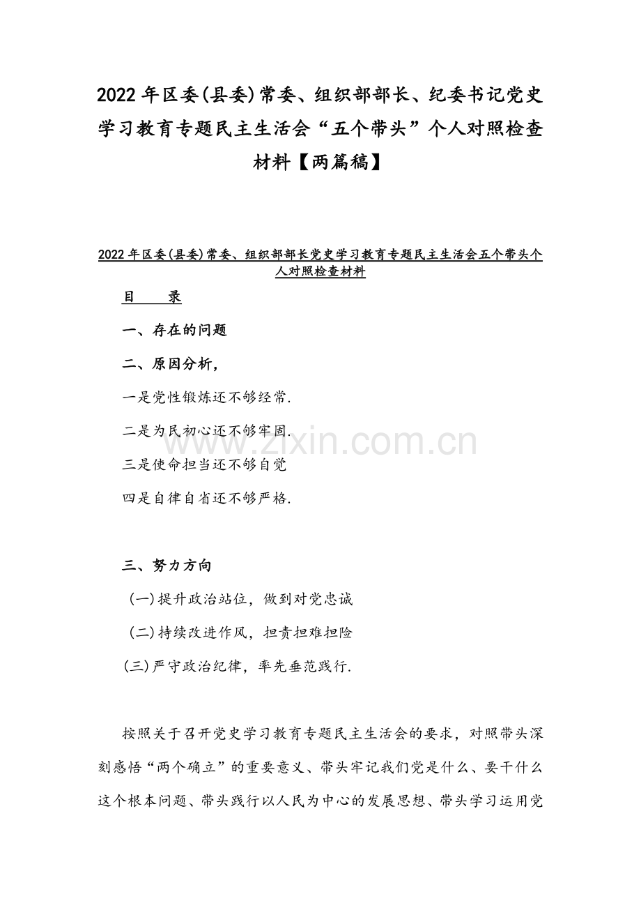 2022年区委(县委)常委、组织部部长、纪委书记党史学习教育专题组织生活会“五个带头”个人对照检查材料【两篇稿】.docx_第1页