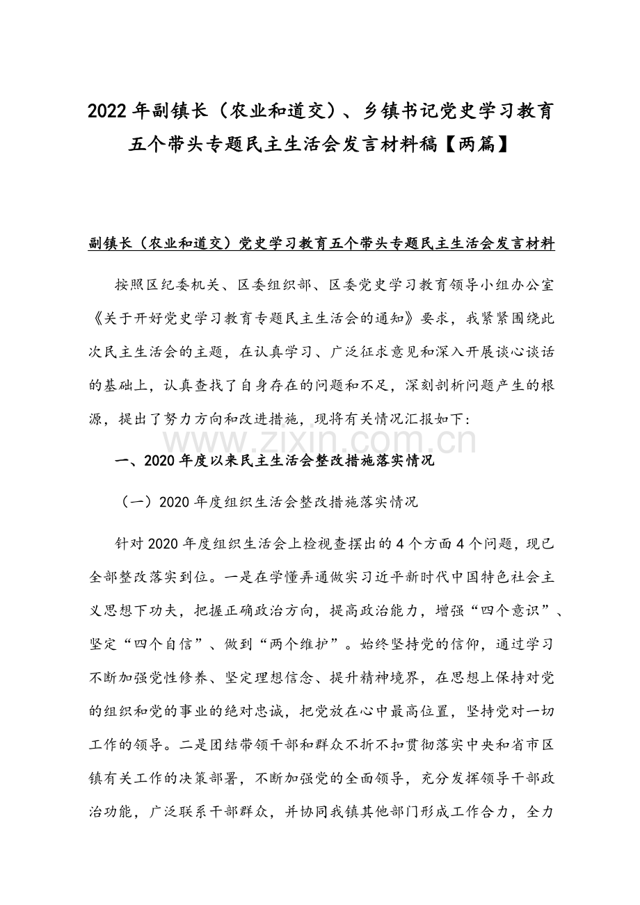 2022年副镇长（农业和道交）、乡镇书记党史学习教育五个带头专题组织生活会发言材料稿【两篇】.docx_第1页