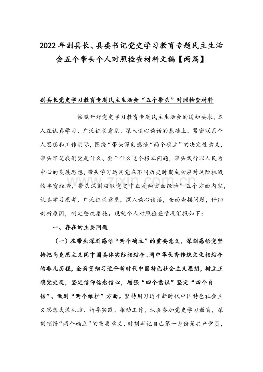 2022年副县长、县委书记党史学习教育专题组织生活会五个带头个人对照检查材料文稿【两篇】.docx_第1页