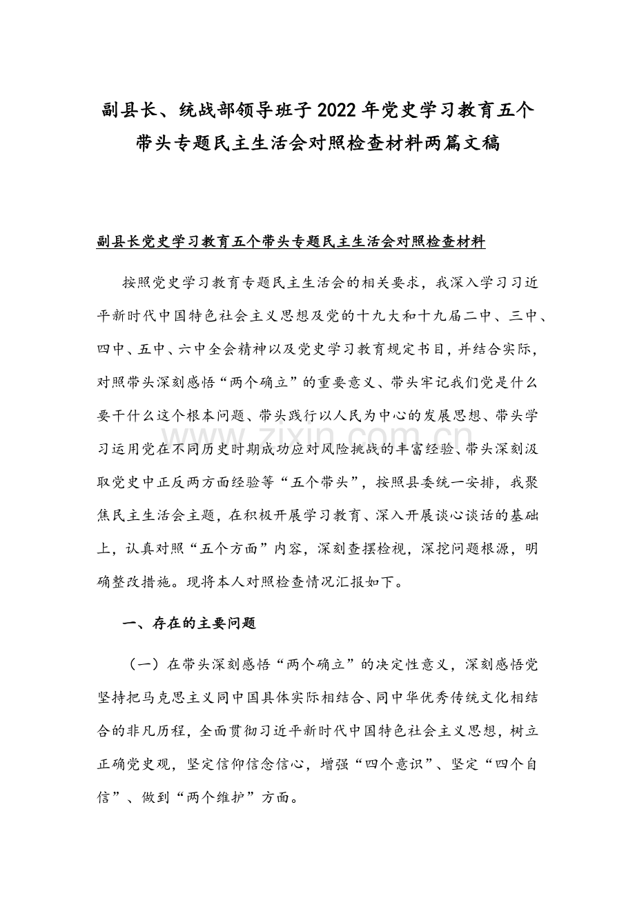 副县长、统战部领导班子2022年党史学习教育五个带头专题民主生活会对照检查材料两篇文稿.docx_第1页