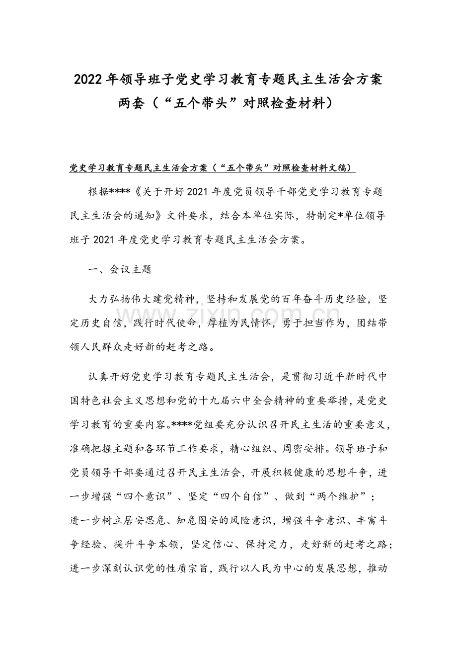 2022年领导班子党史学习教育专题民主生活会方案两套（“五个带头”对照检查材料）.docx_第1页