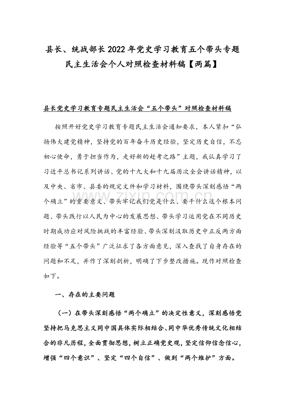 县长、统战部长2022年党史学习教育五个带头专题组织生活会个人对照检查材料稿【两篇】.docx_第1页