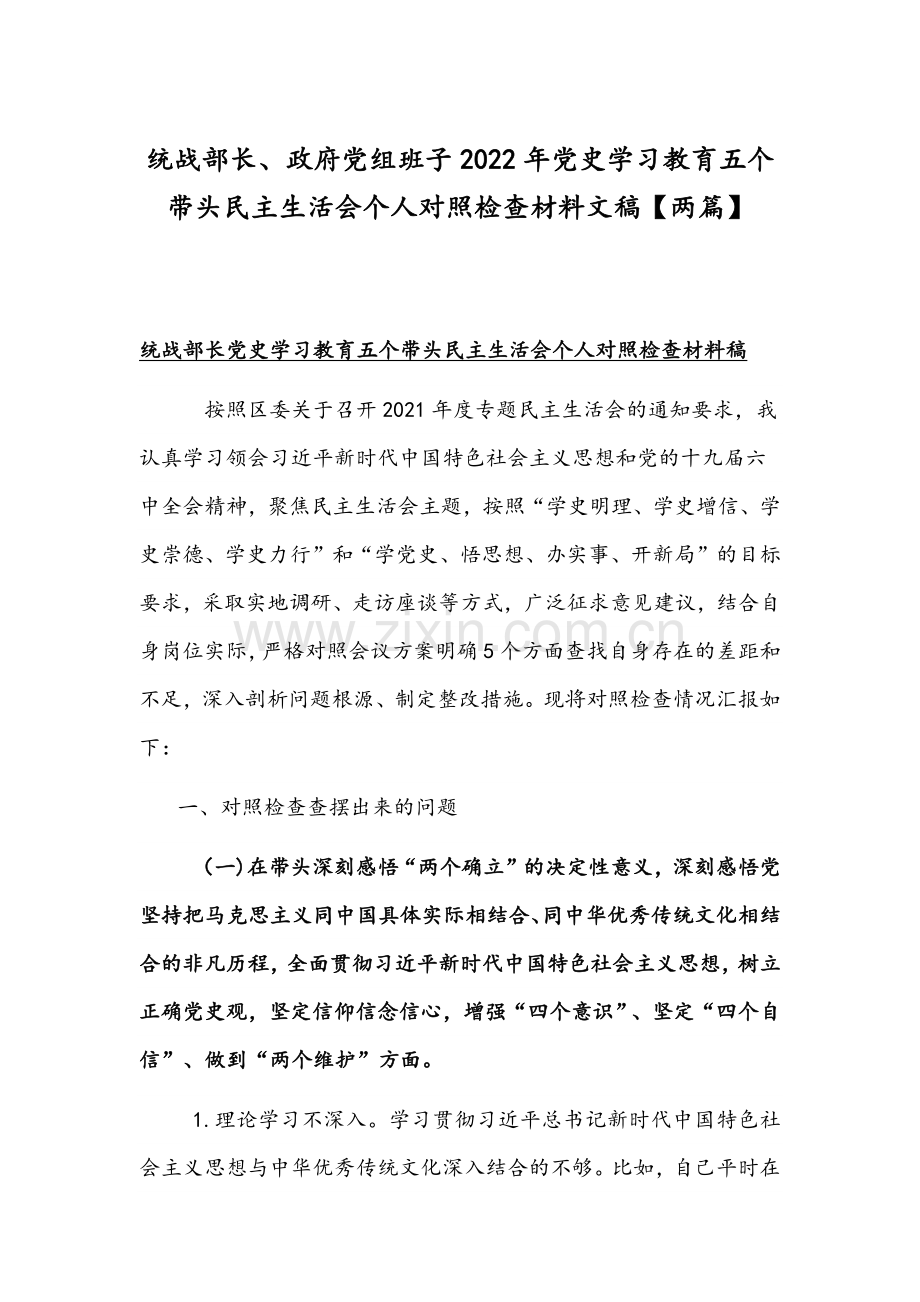 统战部长、政府党组班子2022年党史学习教育五个带头组织生活会个人对照检查材料文稿【两篇】.docx_第1页