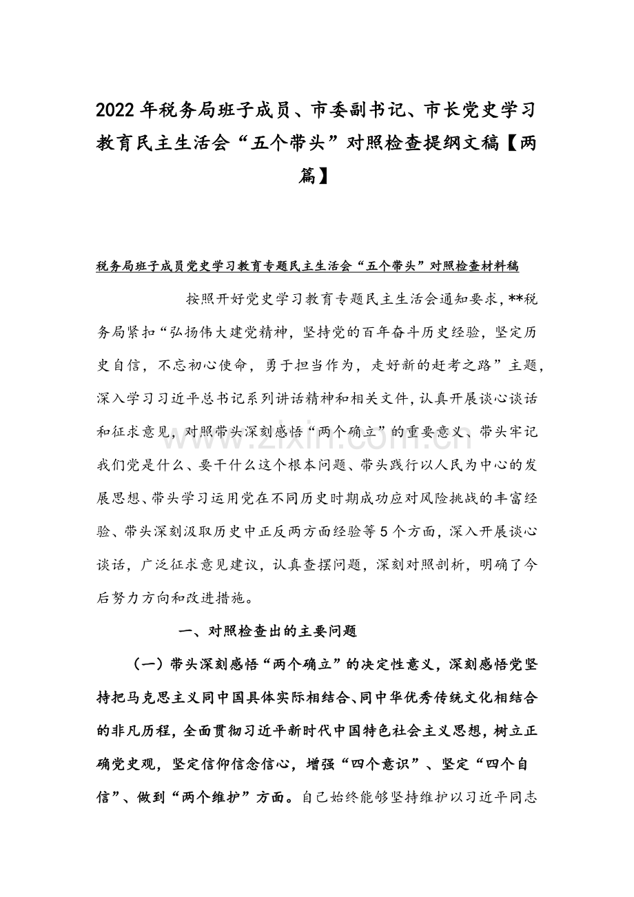 2022年税务局班子成员、市委副书记、市长党史学习教育组织生活会“五个带头”对照检查提纲文稿【两篇】.docx_第1页